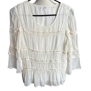 Ecru Tiered Silk Blouse Women's Ivory Small Ruching L/S Bohemian Hippie Boho